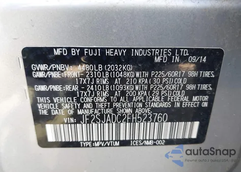 2015 Subaru Forester 2.5I Premium from USA, damaged, VIN JF2SJADC2FH523760